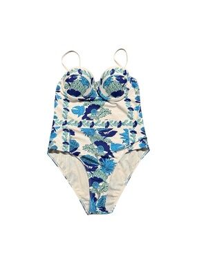 Women’s Large Blue White Tropical Floral Pineapple Underwire One Piece Swimsuit